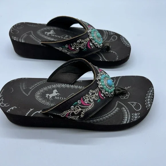 Montana West Flip-Flops Size 9 Brown Turquoise & Rhinestones Sandals - Picture 6 of 6